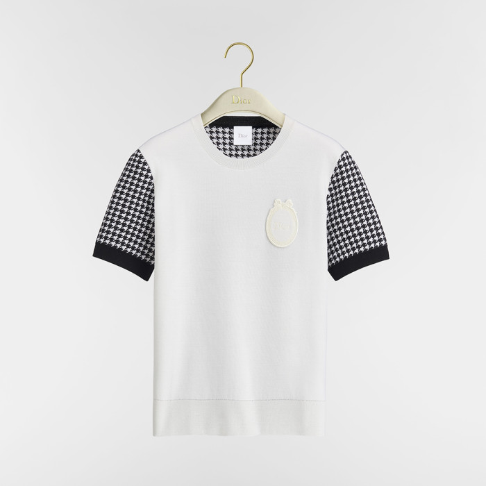 DIOR Dior Médaillon Short-Sleeved Sweater Black and White Houndstooth Virgin Wool-Blend Knit #385486