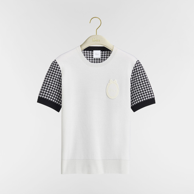 DIOR Dior Médaillon Short-Sleeved Sweater Black and White Houndstooth Virgin Wool-Blend Knit #385486