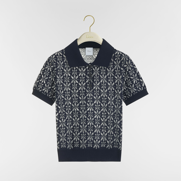 DIOR Dioriviera Short-Sleeved Sweater Navy Blue Floral Openwork Cotton Knit #385288