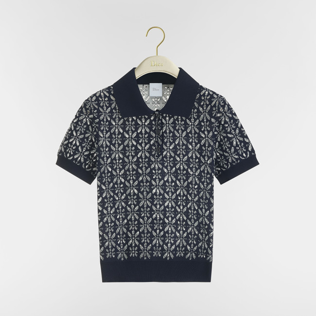 DIOR Dioriviera Short-Sleeved Sweater Navy Blue Floral Openwork Cotton Knit #385288