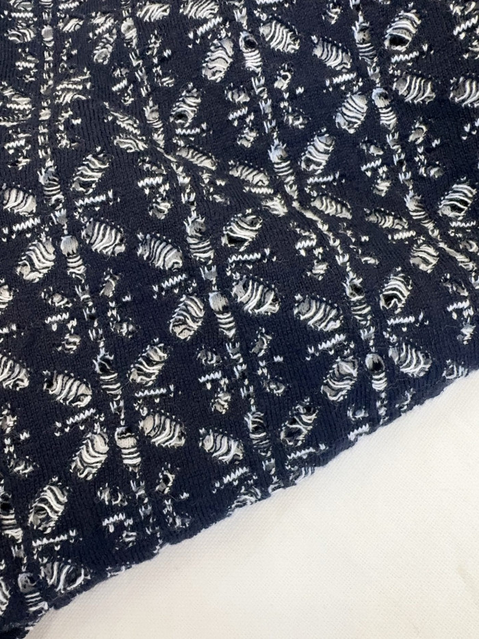 DIOR Dioriviera Short-Sleeved Sweater Navy Blue Floral Openwork Cotton Knit #385288
