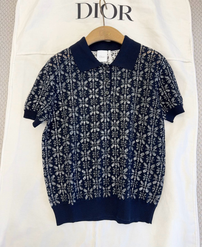 DIOR Dioriviera Short-Sleeved Sweater Navy Blue Floral Openwork Cotton Knit #385288