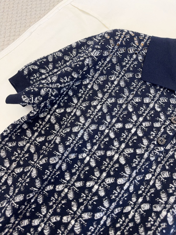 DIOR Dioriviera Short-Sleeved Sweater Navy Blue Floral Openwork Cotton Knit #385288