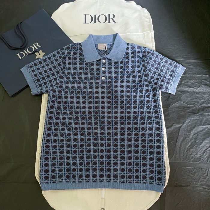 DIOR Dioriviera Cannage Polo Shirt Regular Fit Blue Cotton-Linen-Blend Knit #385413