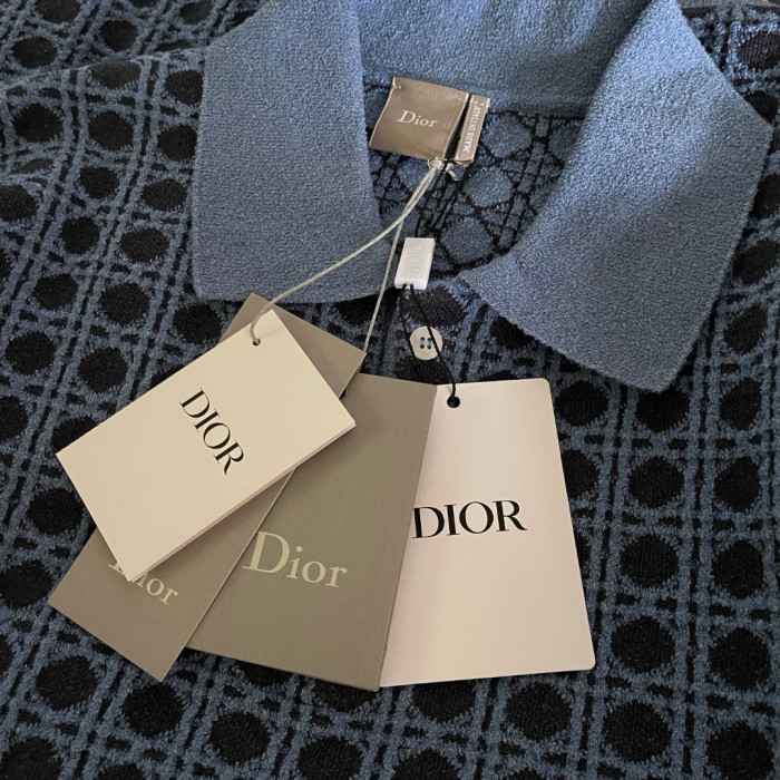 DIOR Dioriviera Cannage Polo Shirt Regular Fit Blue Cotton-Linen-Blend Knit #385413