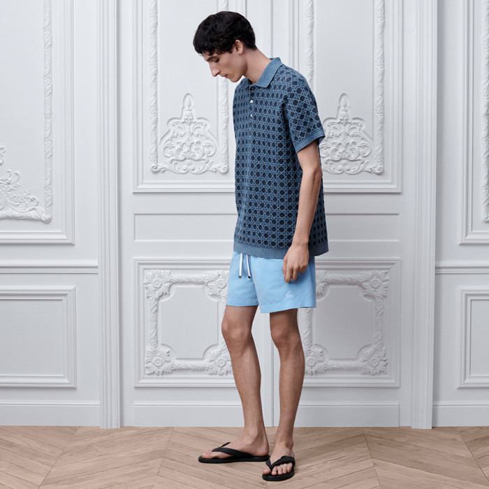 DIOR Dioriviera Cannage Polo Shirt Regular Fit Blue Cotton-Linen-Blend Knit #385413