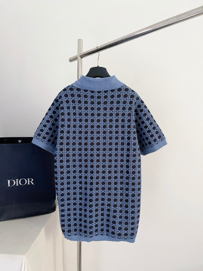 DIOR Dioriviera Cannage Polo Shirt Regular Fit Blue Cotton-Linen-Blend Knit #385413