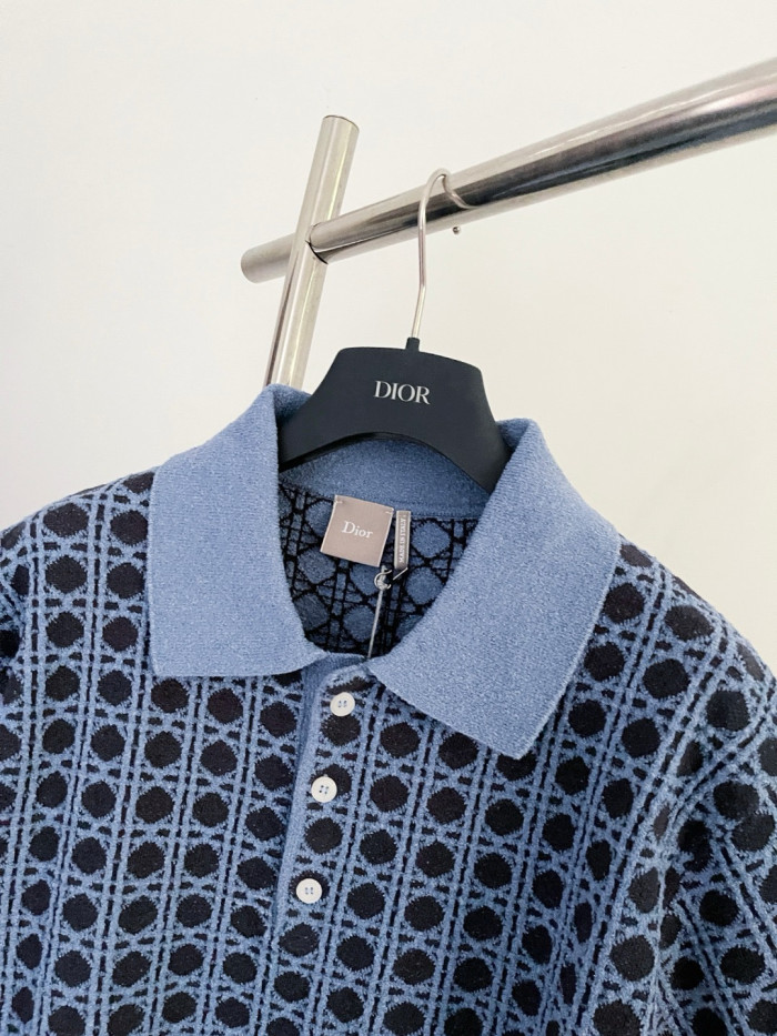 DIOR Dioriviera Cannage Polo Shirt Regular Fit Blue Cotton-Linen-Blend Knit #385413