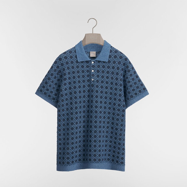 DIOR Dioriviera Cannage Polo Shirt Regular Fit Blue Cotton-Linen-Blend Knit #385413