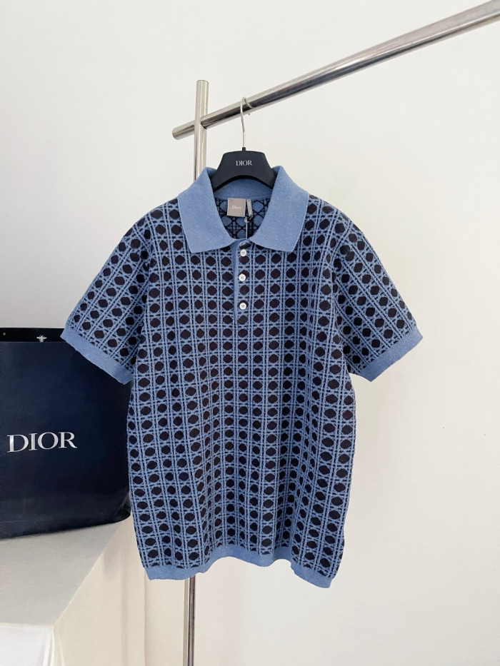 DIOR Dioriviera Cannage Polo Shirt Regular Fit Blue Cotton-Linen-Blend Knit #385413