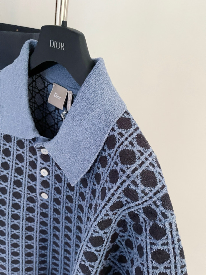 DIOR Dioriviera Cannage Polo Shirt Regular Fit Blue Cotton-Linen-Blend Knit #385413