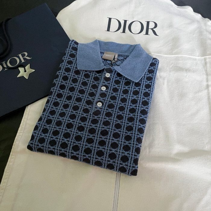 DIOR Dioriviera Cannage Polo Shirt Regular Fit Blue Cotton-Linen-Blend Knit #385413