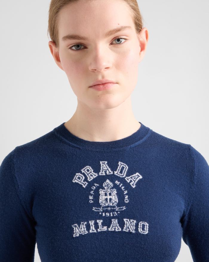 PRADA Navy Cashmere Intarsia Sweater #386050