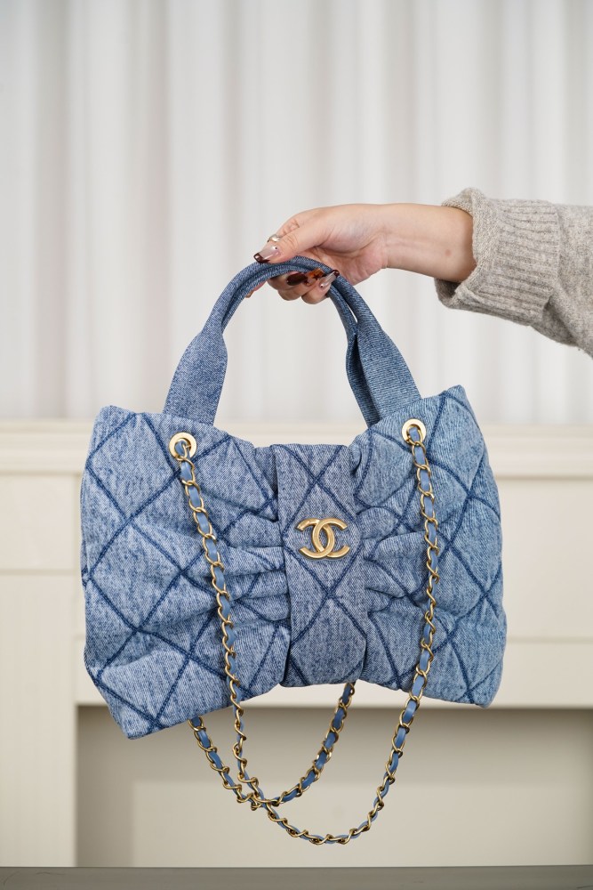 Chanel Light Blue CC Logo Bow Shape Denim Shoulder Bag#386033