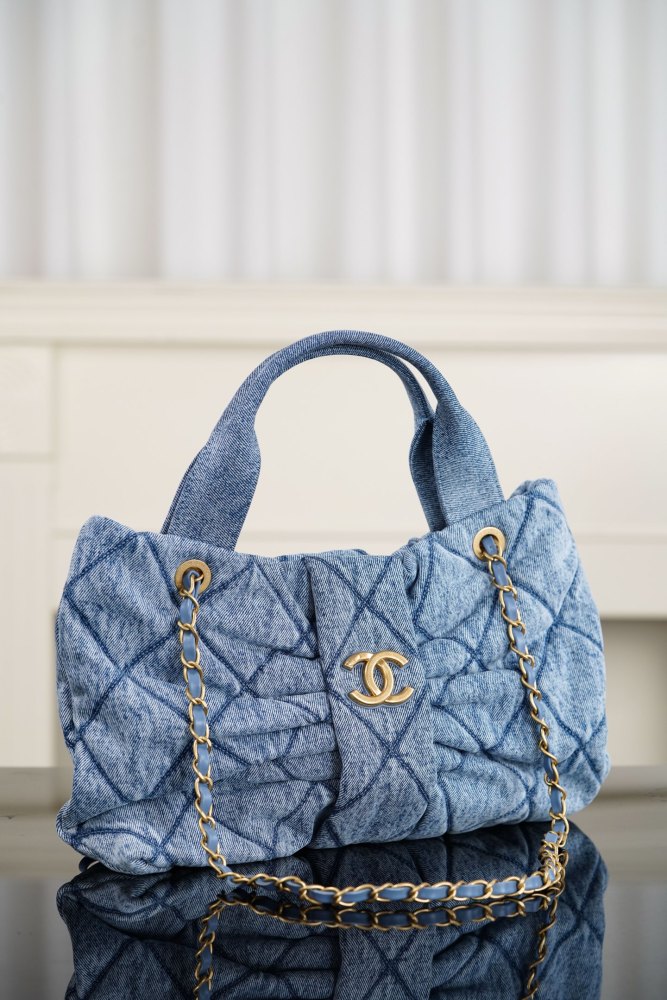Chanel Light Blue CC Logo Bow Shape Denim Shoulder Bag#386033