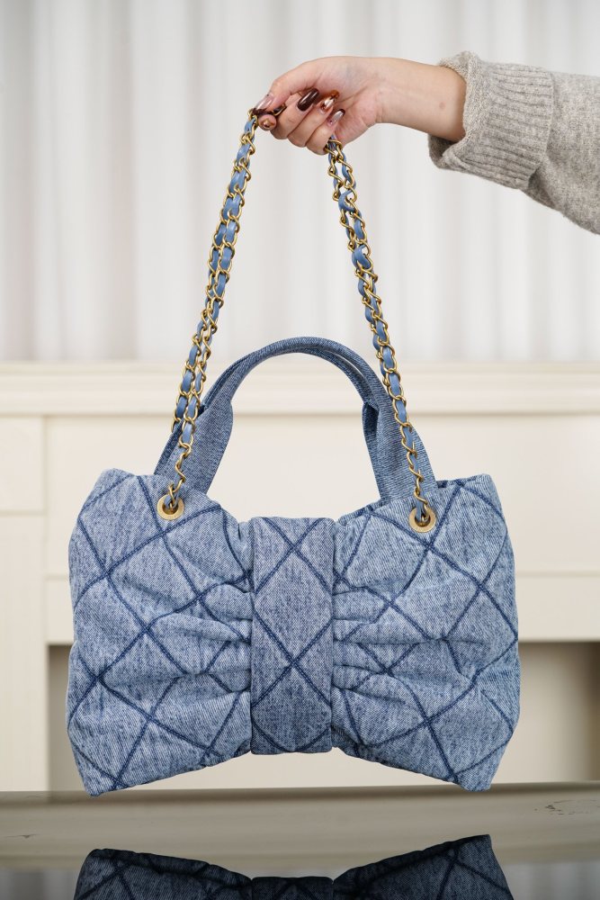 Chanel Light Blue CC Logo Bow Shape Denim Shoulder Bag#386033