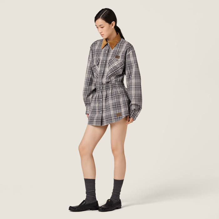 MiuMiu Slate Gray Checked Flannel Shirt and Miniskirt #333609