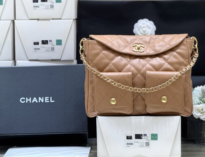 Chanel Tote Grained Calfskin Gold-tone Metal Brown #386029