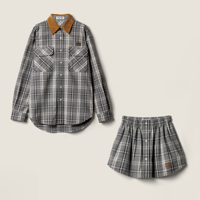 MiuMiu Slate Gray Checked Flannel Shirt and Miniskirt #333609