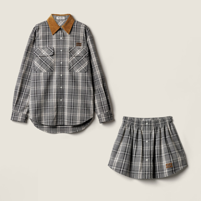 MiuMiu Slate Gray Checked Flannel Shirt and Miniskirt #333609