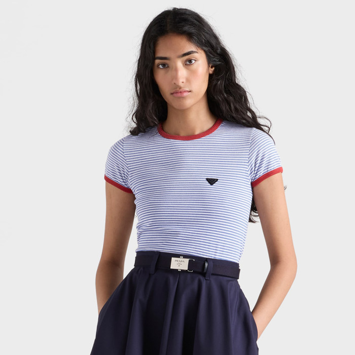 PRADA Periwinkle red Striped Jersey T-shirt #378582
