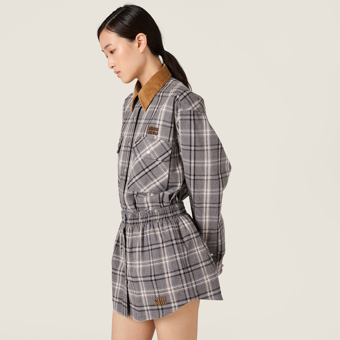 MiuMiu Slate Gray Checked Flannel Shirt and Miniskirt #333609