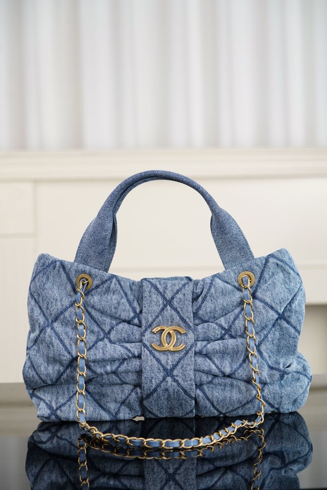 Chanel Light Blue CC Logo Bow Shape Denim Shoulder Bag#386033