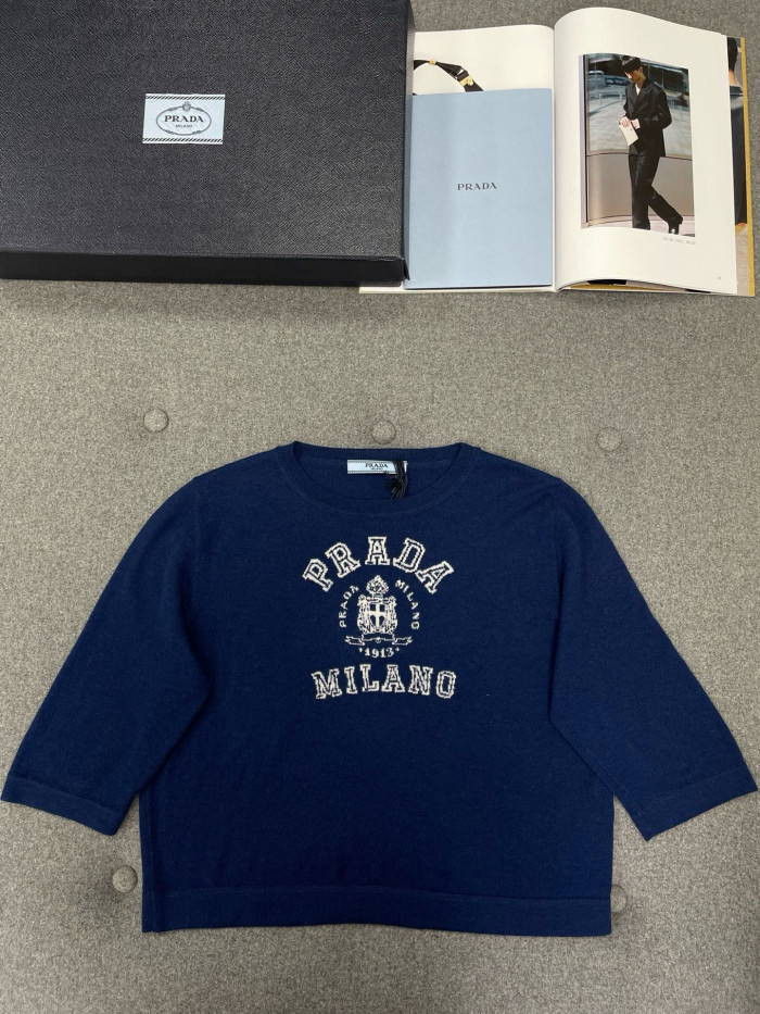 PRADA Navy Cashmere Intarsia Sweater #386050