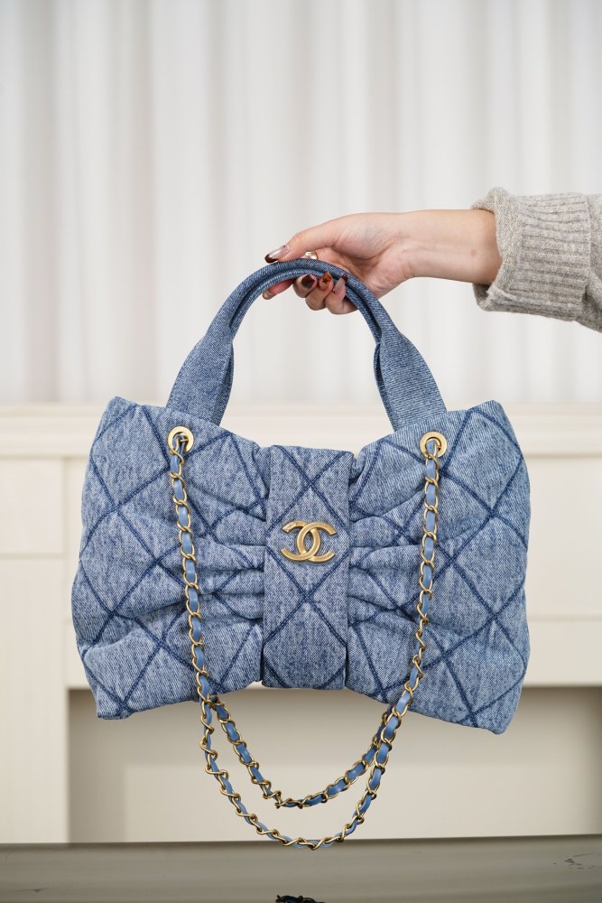 Chanel Light Blue CC Logo Bow Shape Denim Shoulder Bag#386033