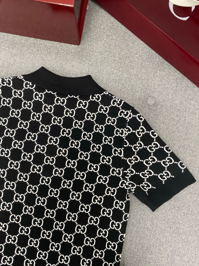 GUCCI Reversible GG Wool Jacquard Polo Shirt in Black and White #386045