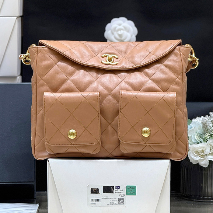 Chanel Tote Grained Calfskin Gold-tone Metal Brown #386029