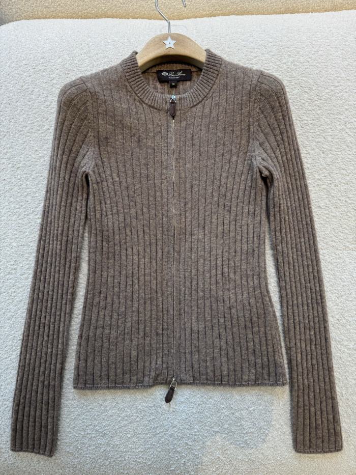 Loro Piana Coste Bomber Jumper Baby Cashmere Licorice Root Melange Jumpers #385993
