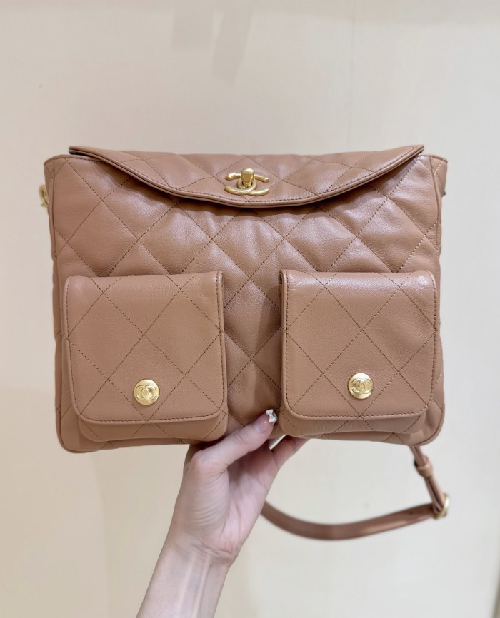 Chanel Tote Grained Calfskin Gold-tone Metal Brown #386029