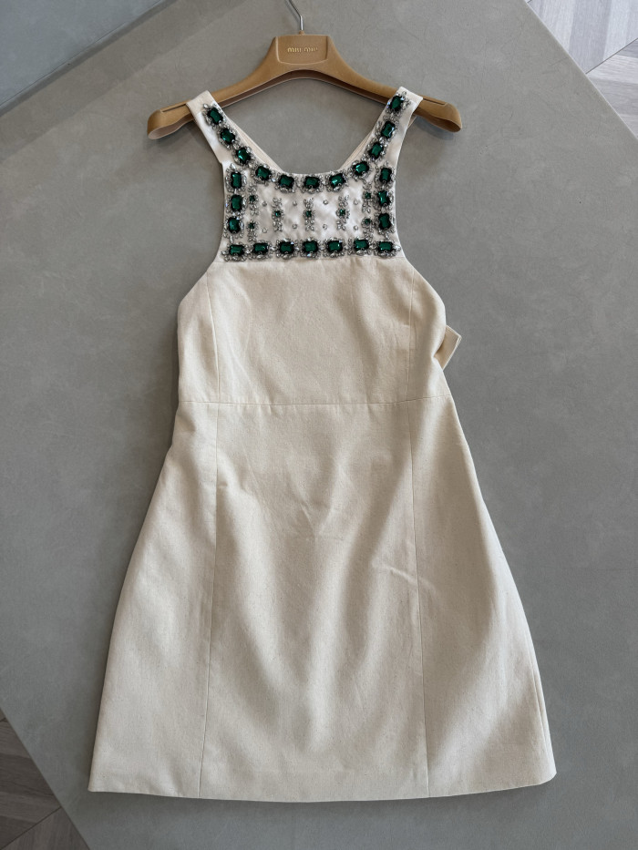 MiuMiu Ecru Embellished Canvas Apron Dress #383711