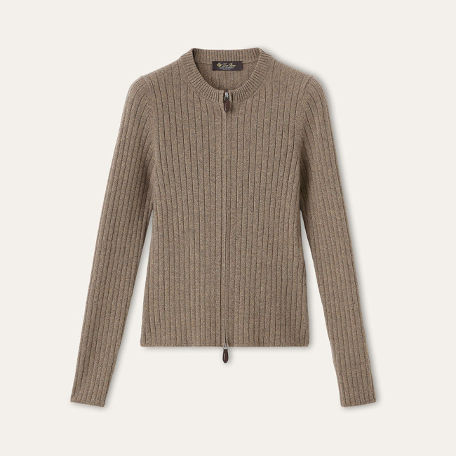 Loro Piana Coste Bomber Jumper Baby Cashmere Licorice Root Melange Jumpers #385993
