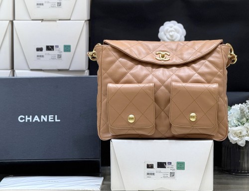 Chanel Tote Grained Calfskin Gold-tone Metal Brown #386029