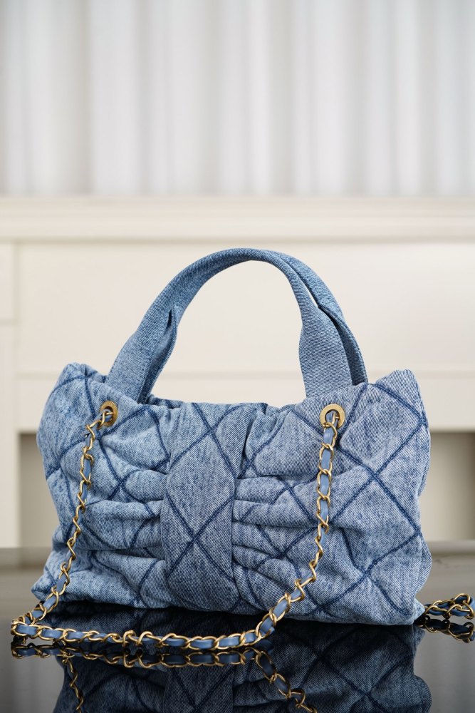Chanel Light Blue CC Logo Bow Shape Denim Shoulder Bag#386033