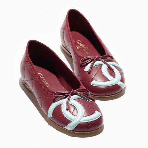 CHANEL Ballet Flats Lambskin Burgundy Light Blue #386254