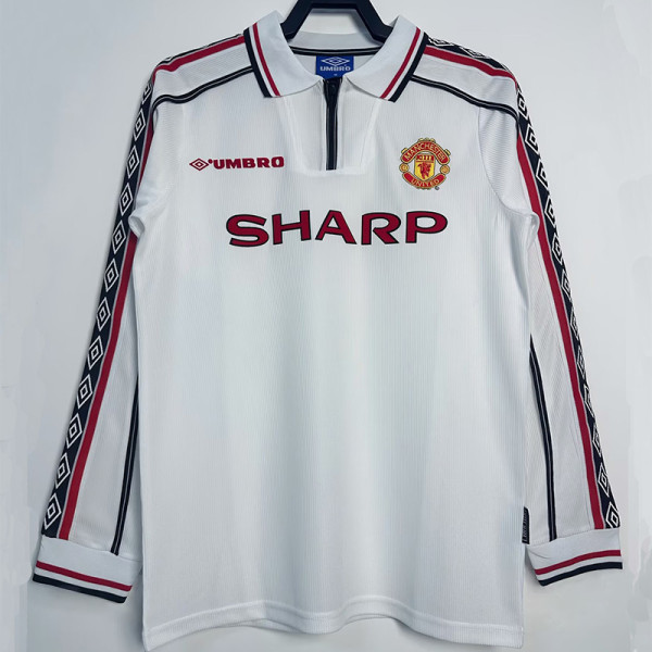 1998 Man Utd White Long Sleeve Retro Soccer Jersey (长袖)
