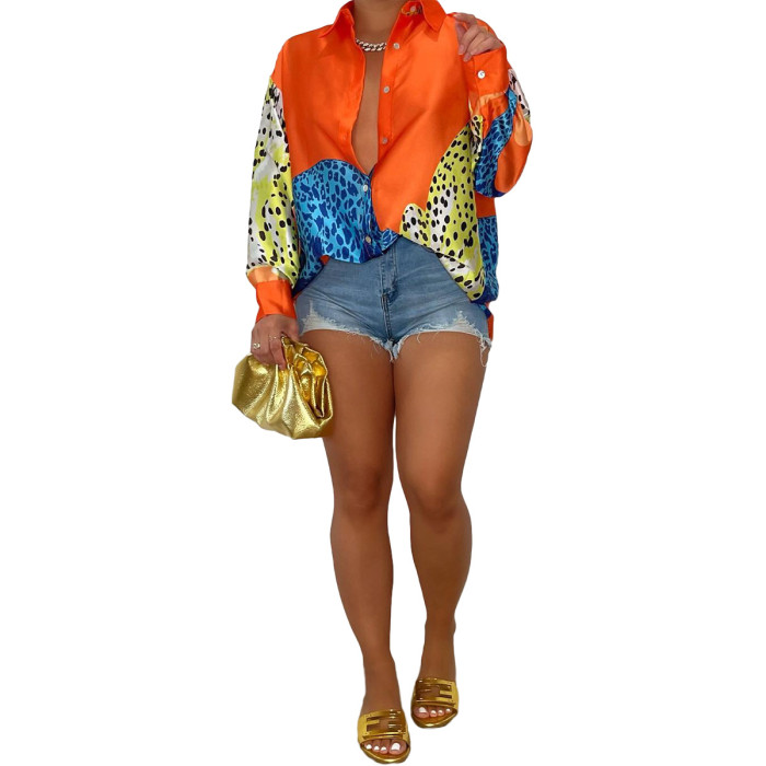 Womens Colorblock Leopard Print Button-Up Shirt Dress