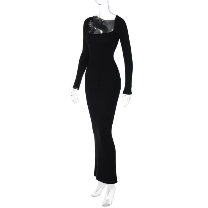 Women's Casual Chic Square Neck Long Sleeve Slim Fit Maxi Dress