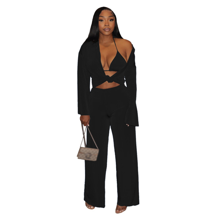 Women Sexy velvet Tops and Wide Leg Pants Three-Piece