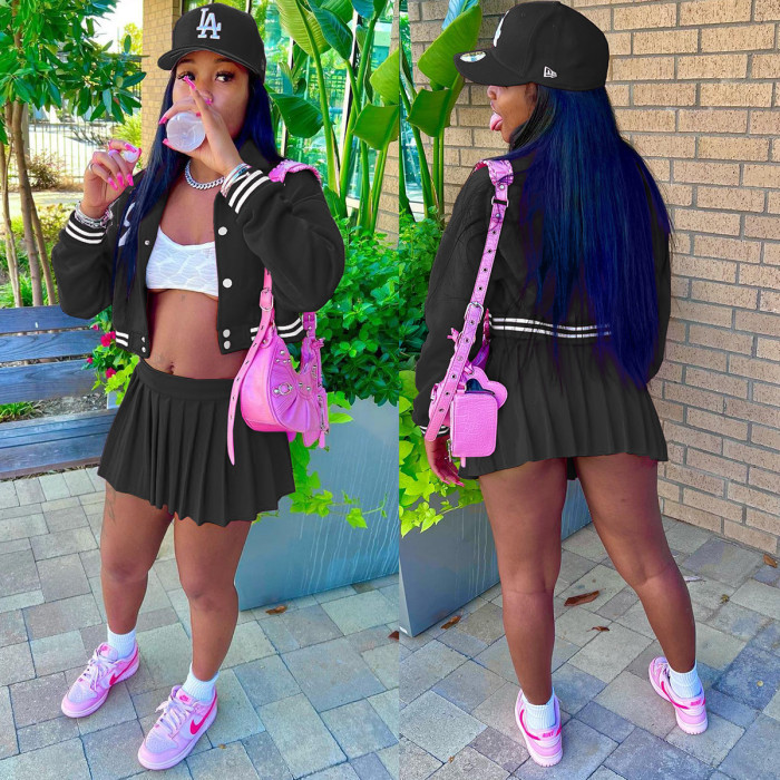Women Two-Piece Button-Up Embroidered Baseball Jacket and Pleated Skirt Two Piece
