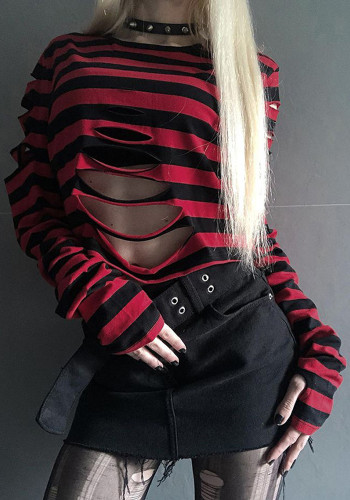 Women Fall Hollow Out Striped Long Sleeve T-Shirt