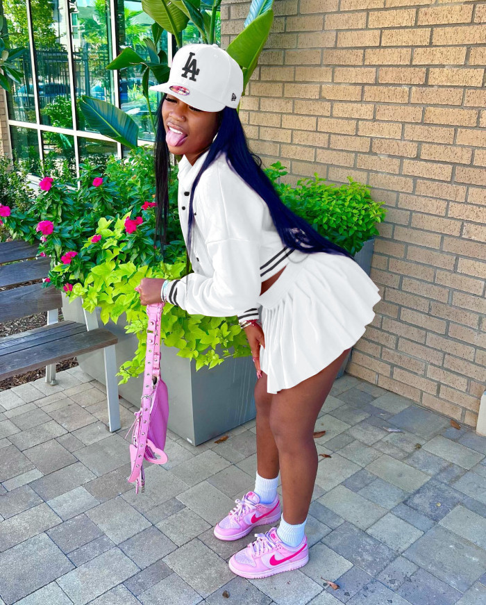 Women Two-Piece Button-Up Embroidered Baseball Jacket and Pleated Skirt Two Piece