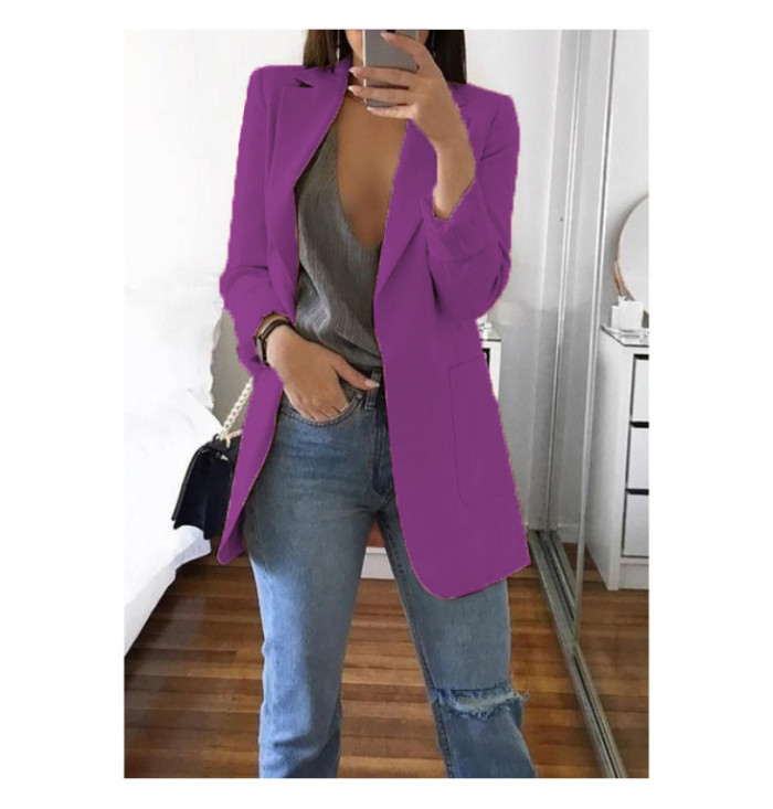 Fall Winter Solid Color Turndown Collar Slim Cardigan Chic Blazer
