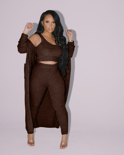 Women Casual Fleece Coat crop top and pant 3 Piece set