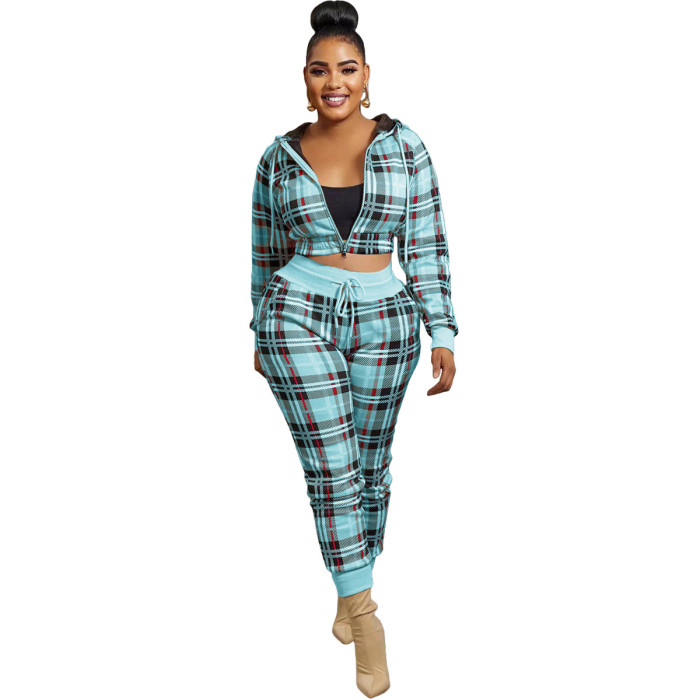 Women Plaid Zip op and Pant Two Piece