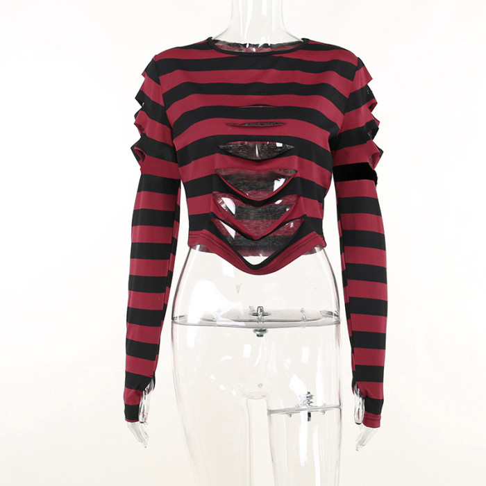 Women Fall Hollow Out Striped Long Sleeve T-Shirt