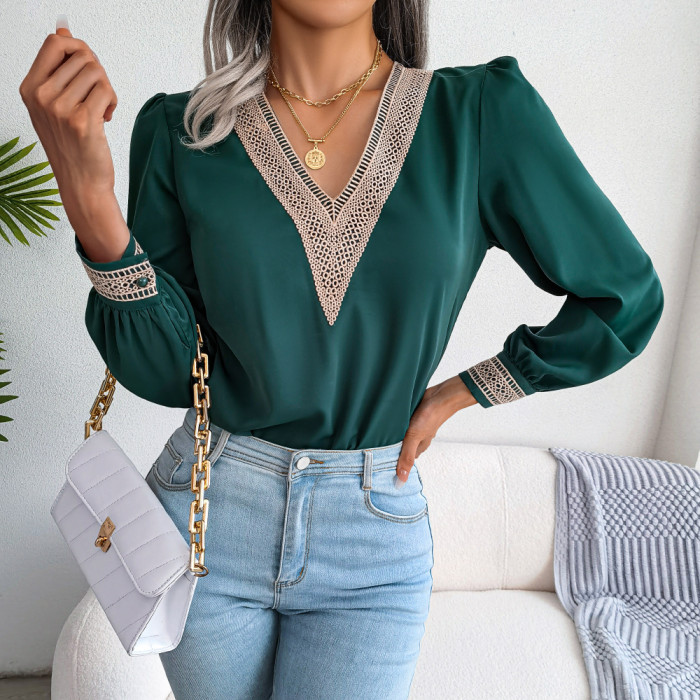 Women Lace V-Neck Long Sleeve Shirt